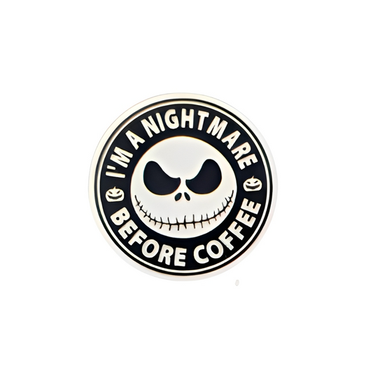 I’m A Nightmare Before Coffee Halloween plastic add-on with spooky coffee design compatible with interchangeable badge reel bases