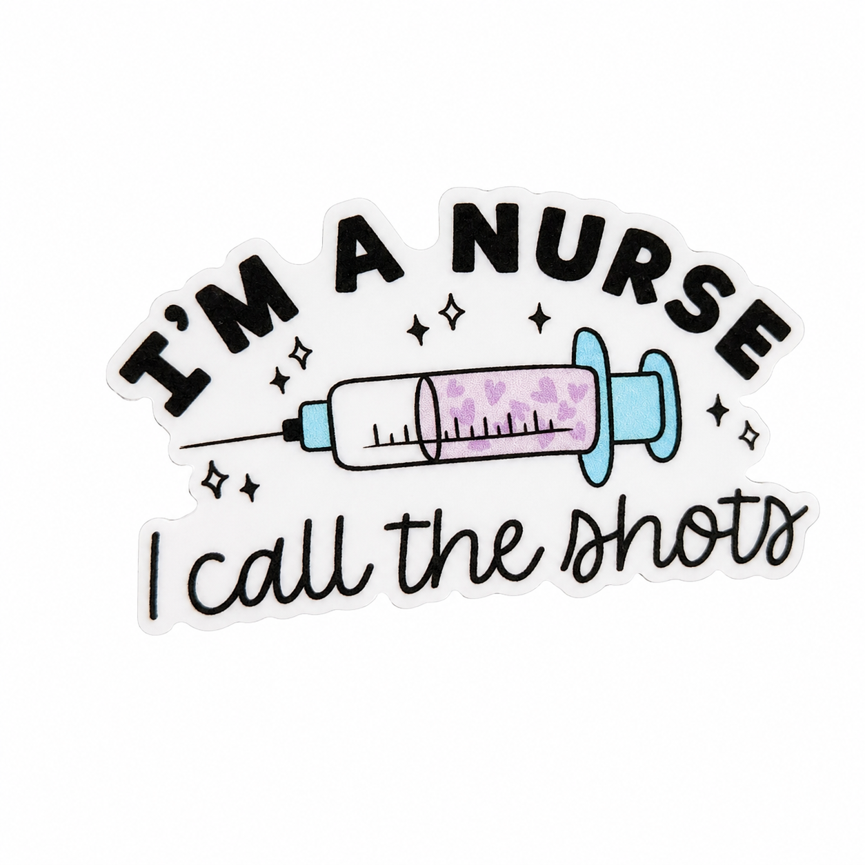 I’M A NURSE call the shots plastic add-on with syringe design, compatible with interchangeable badge reel bases, funny nurse badge accessory.