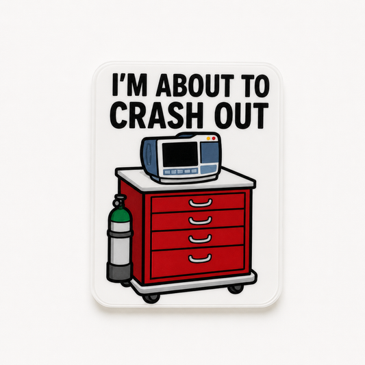 I’m About To Crash Out plastic add-on for compatible interchangeable badge reel bases
