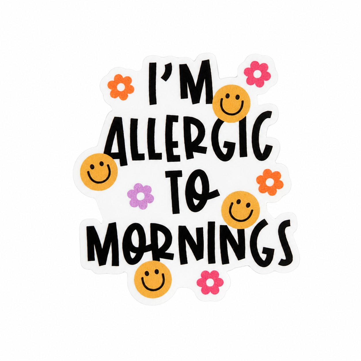 I'M ALLERGIC TO MORNINGS plastic add-on with smiley faces and colorful flowers, compatible with interchangeable badge reel bases.