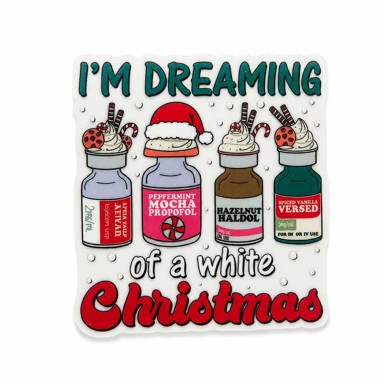 Plastic add-on featuring the phrase I'M DREAMING of a White Christmas with festive holiday coffee drinks, compatible with interchangeable badge reel bases and perfect for coffee lovers.