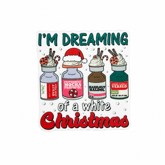 Plastic add-on featuring the phrase I'M DREAMING of a White Christmas with festive holiday coffee drinks, compatible with interchangeable badge reel bases and perfect for coffee lovers.