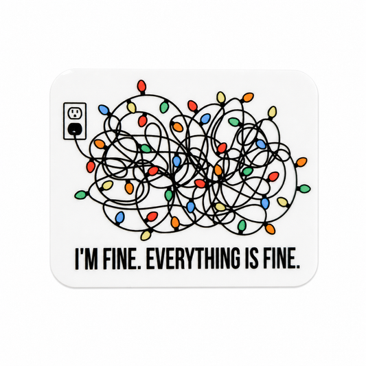 I'M FINE. EVERYTHING IS FINE. plastic add-on with tangled Christmas lights and outlet, compatible with interchangeable badge reel bases, funny Christmas work accessory.