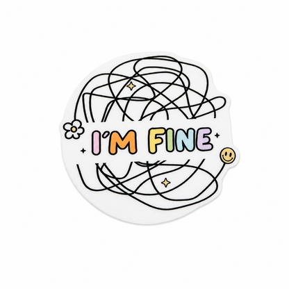 I'M FINE plastic add-on featuring colorful text, tangled scribble artwork, smiley face, and mental health awareness theme compatible with interchangeable badge reel bases