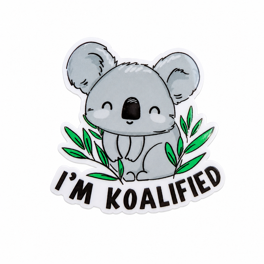 I’M KOALIFIED plastic add-on with cute koala and leafy greenery, compatible with interchangeable badge reel bases.