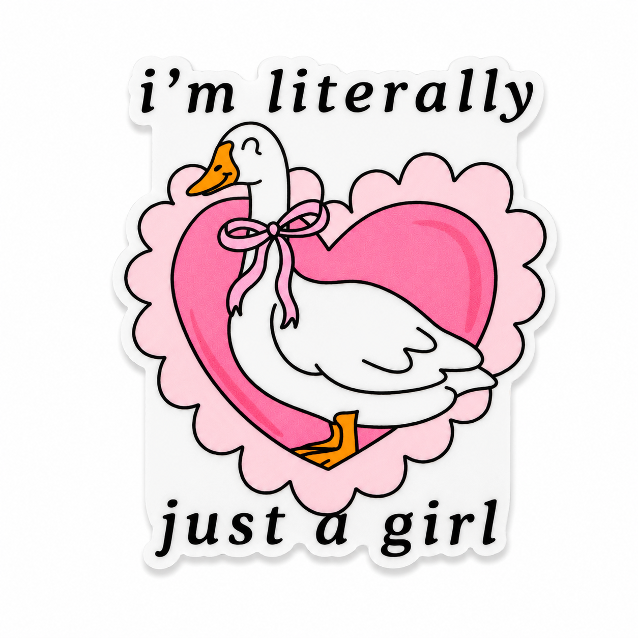 Plastic add-on featuring a white goose with a pink bow and heart background with the phrase "i'm literally just a girl," compatible with interchangeable badge reel bases and perfect for goose lovers and cute aesthetic accessories.