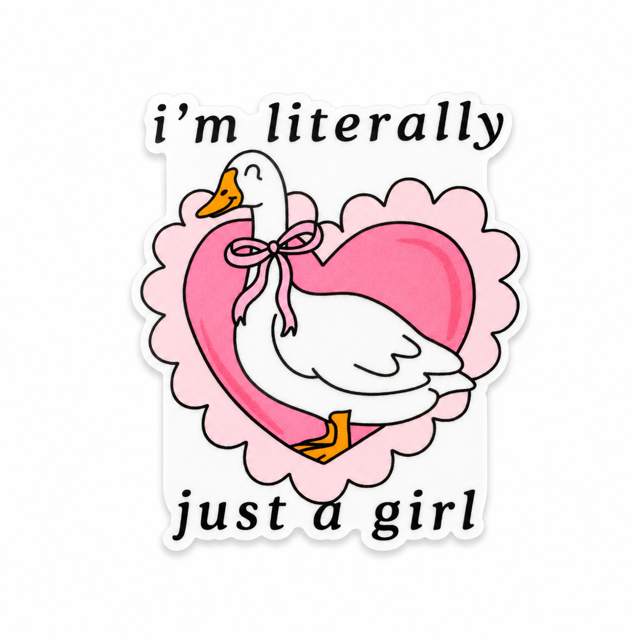 Plastic add-on featuring a white goose with a pink bow and heart background with the phrase "i'm literally just a girl," compatible with interchangeable badge reel bases and perfect for goose lovers and cute aesthetic accessories.