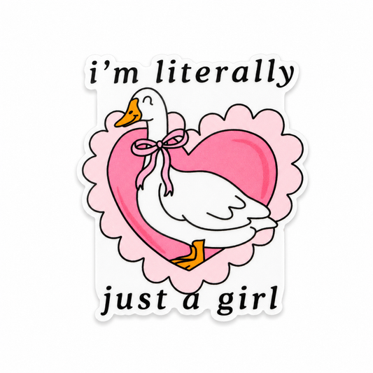Plastic add-on featuring a white goose with a pink bow and heart background with the phrase "i'm literally just a girl," compatible with interchangeable badge reel bases and perfect for goose lovers and cute aesthetic accessories.
