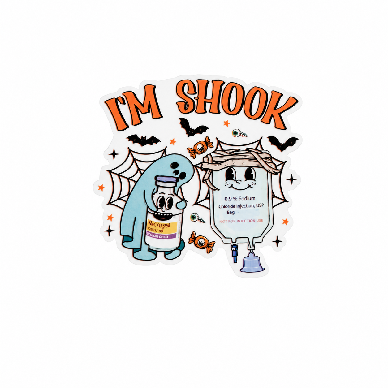 I’m Shook plastic add-on with IV bag, medication bottle, bats, pumpkins, and spiderwebs, Halloween healthcare worker accessory compatible with interchangeable badge reel bases.