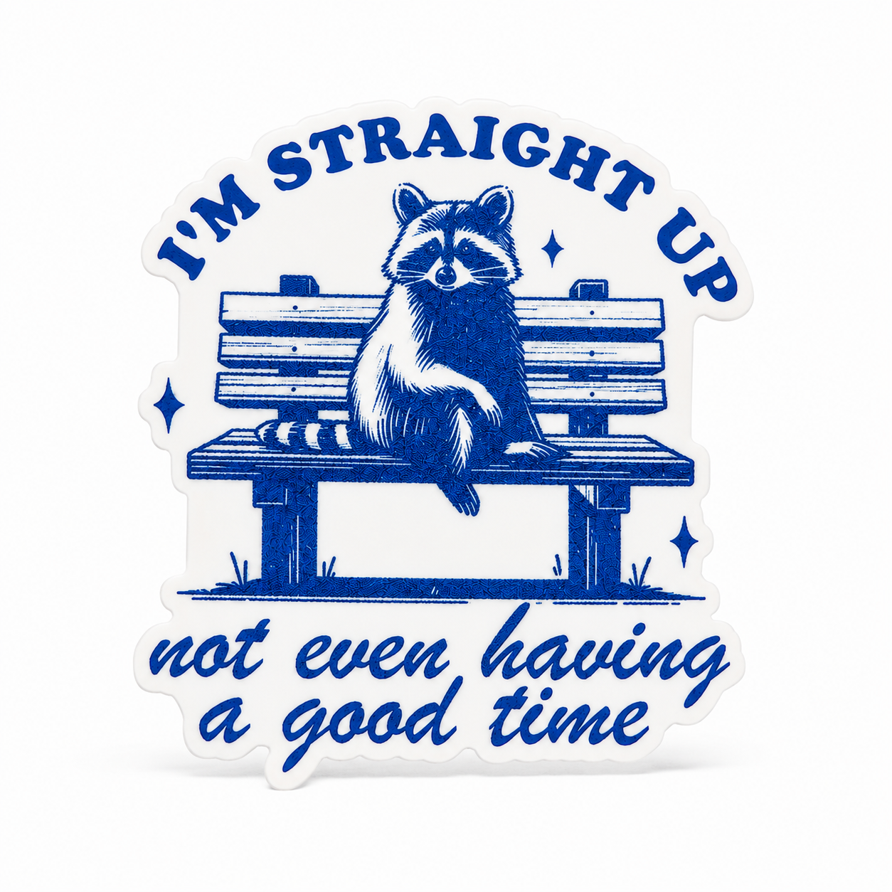 I'm Straight Up Not Even Having a Good Time plastic add-on featuring a raccoon sitting on a park bench, compatible with interchangeable badge reel bases and perfect for fans of funny animal humor#d2c6c6
