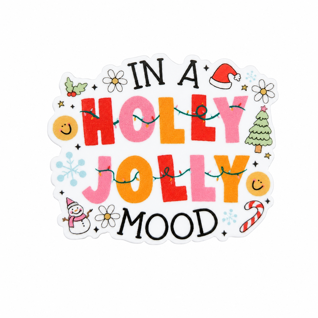 IN A HOLLY JOLLY MOOD plastic add-on with Christmas lights, Santa hat, tree, candy cane, and daisies, compatible with interchangeable badge reel bases, cute Christmas work accessory.