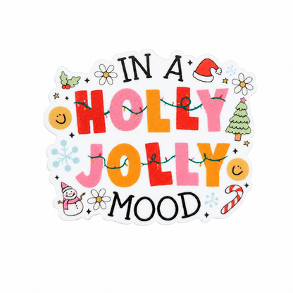 IN A HOLLY JOLLY MOOD plastic add-on with Christmas lights, Santa hat, tree, candy cane, and daisies, compatible with interchangeable badge reel bases, cute Christmas work accessory.