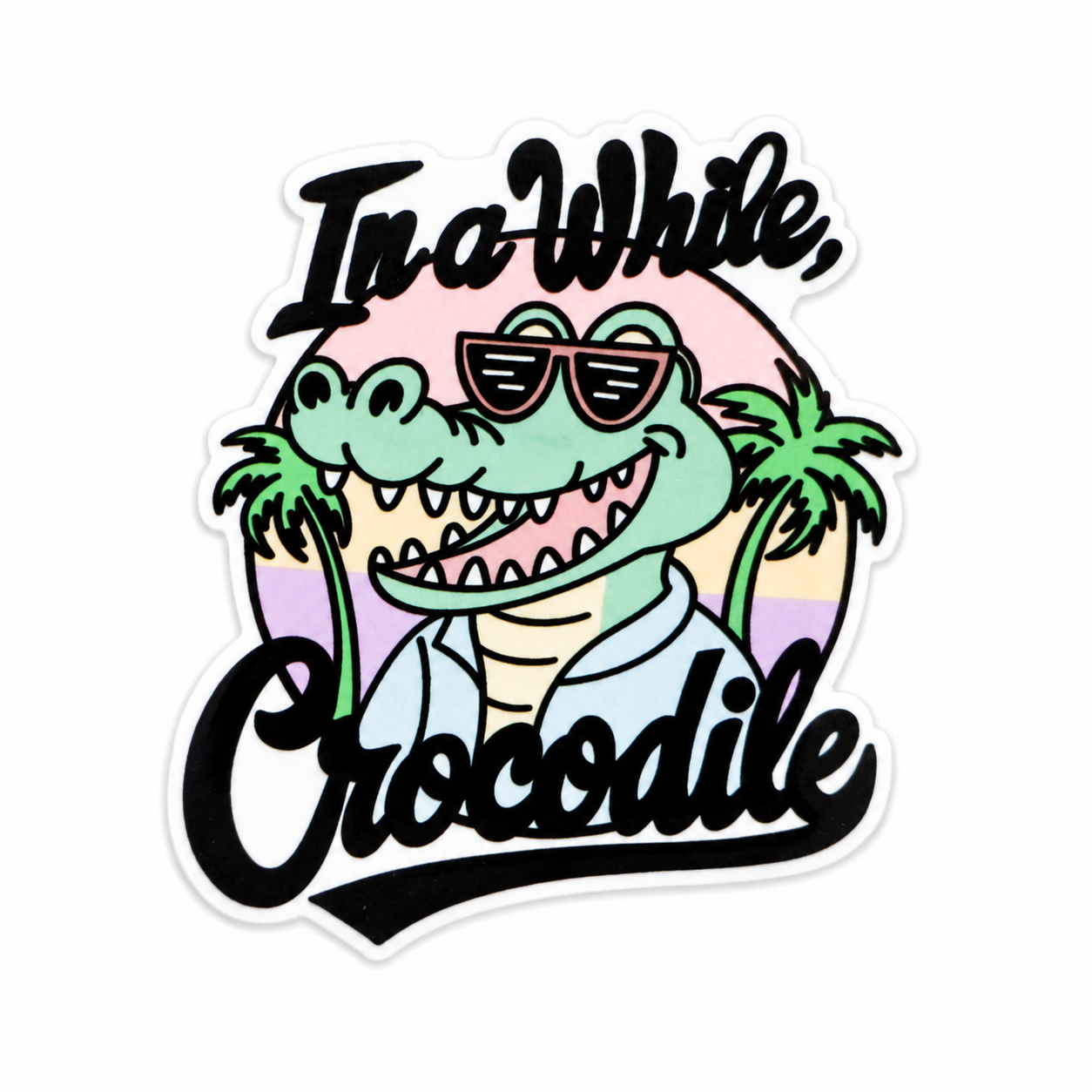 In a While, Crocodile plastic add-on featuring a smiling crocodile wearing sunglasses with tropical palm trees, compatible with interchangeable badge reel bases and perfect as a funny work badge accessory