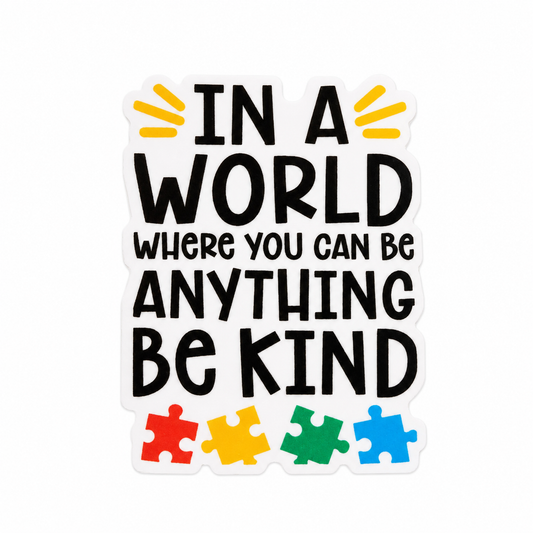 IN A WORLD WHERE YOU CAN BE ANYTHING BE KIND plastic add-on with colorful puzzle pieces, compatible with interchangeable badge reel bases.