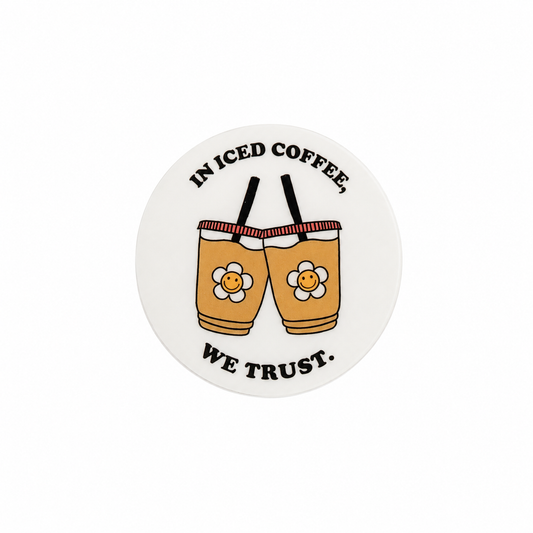 In Iced Coffee We Trust plastic add-on featuring two daisy iced coffee cups, compatible with interchangeable badge reel bases for coffee lovers.
