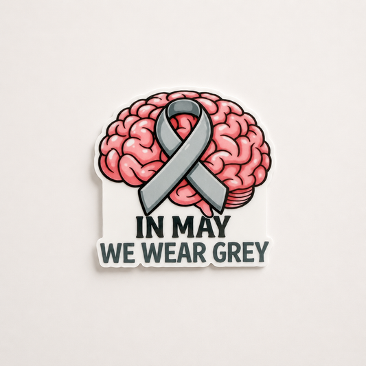 In May We Wear Grey plastic add-on with brain and awareness ribbon design for nurses and healthcare workers