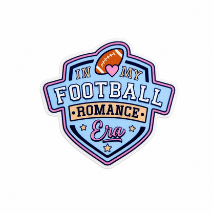 IN MY FOOTBALL ROMANCE ERA plastic add-on featuring a football, heart, stars, and pastel sports design, compatible with interchangeable badge reel bases, perfect for football fans