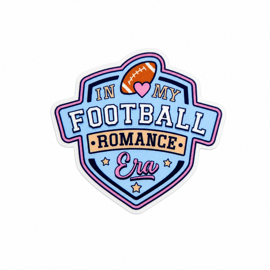 IN MY FOOTBALL ROMANCE ERA plastic add-on featuring a football, heart, stars, and pastel sports design, compatible with interchangeable badge reel bases, perfect for football fans