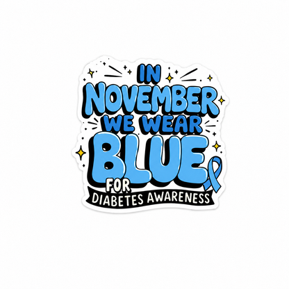 IN NOVEMBER WE WEAR BLUE FOR DIABETES AWARENESS plastic add-on featuring a blue awareness ribbon, compatible with interchangeable badge reel bases and diabetes awareness accessories.