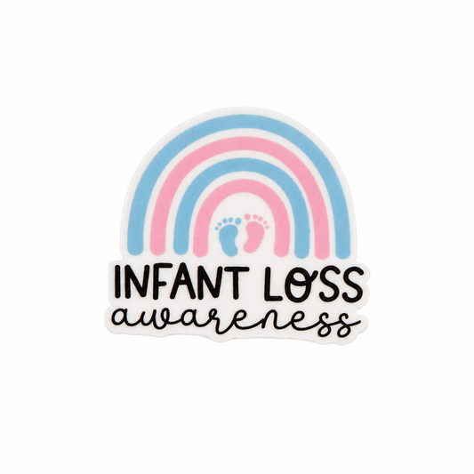 Infant Loss Awareness plastic add-on featuring a pink and blue rainbow with baby footprints, compatible with interchangeable badge reel bases for NICU and Labor & Delivery professionals.