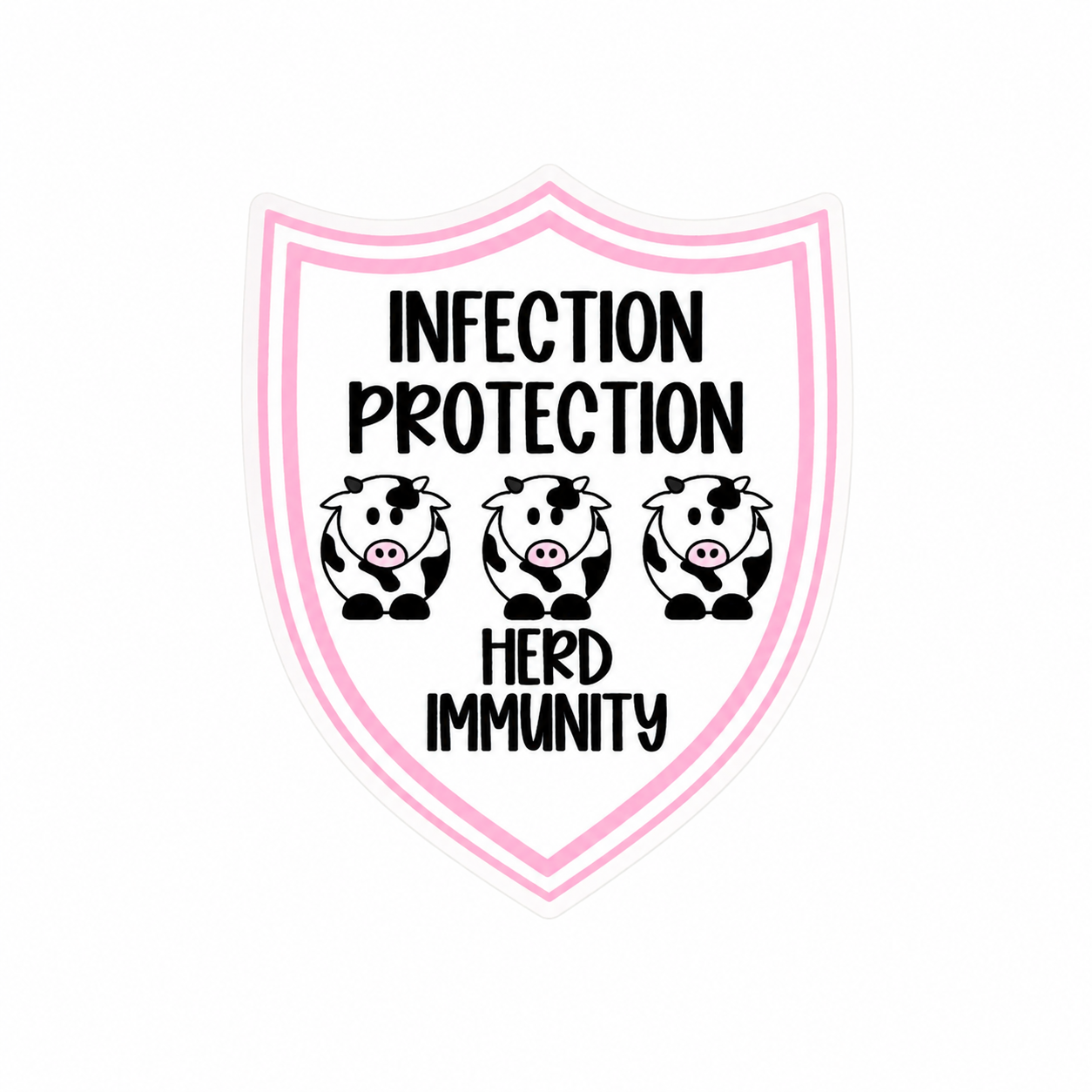 Infection Protection Herd Immunity plastic add-on featuring cow illustrations inside a shield design, compatible with interchangeable badge reel bases, funny nurse infection control accessory