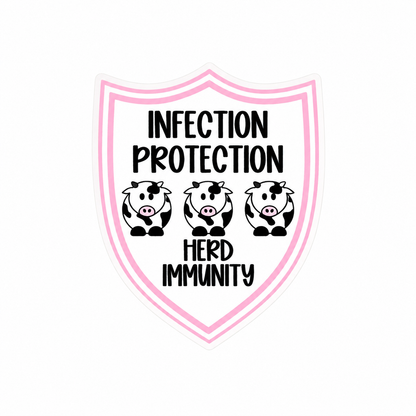 Infection Protection Herd Immunity plastic add-on featuring cow illustrations inside a shield design, compatible with interchangeable badge reel bases, funny nurse infection control accessory