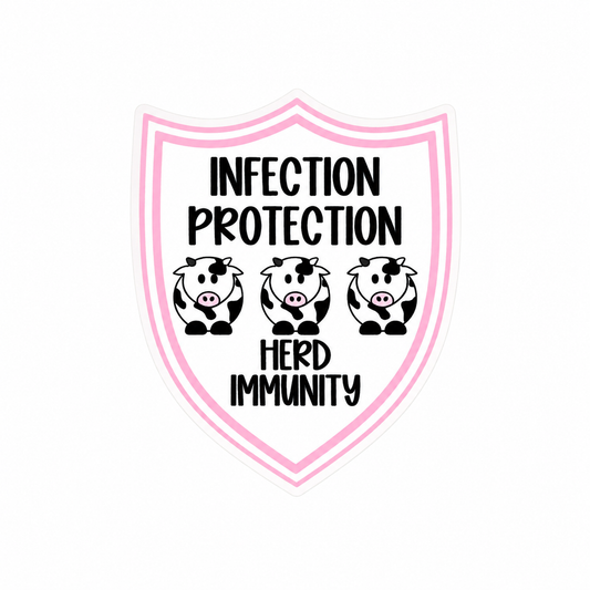Infection Protection Herd Immunity plastic add-on featuring cow illustrations inside a shield design, compatible with interchangeable badge reel bases, funny nurse infection control accessory
