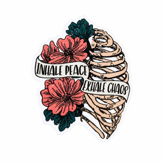 INHALE PEACE EXHALE CHAOS plastic add-on with floral skeleton ribcage design, compatible with interchangeable badge reel bases.