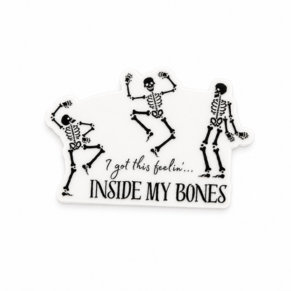 I Got This Feelin Inside My Bones shoe charm featuring dancing skeletons and spooky Halloween aesthetic for clogs and compatible shoes