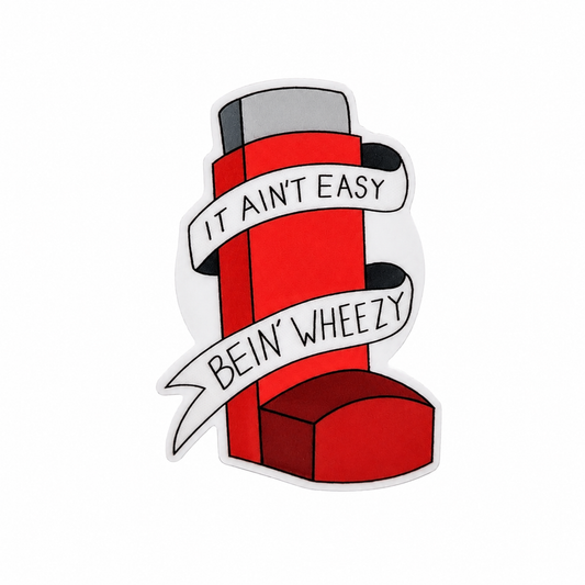 IT AIN'T EASY BEIN' WHEEZY plastic add-on featuring a red inhaler, compatible with interchangeable badge reel bases for respiratory therapists and healthcare workers.