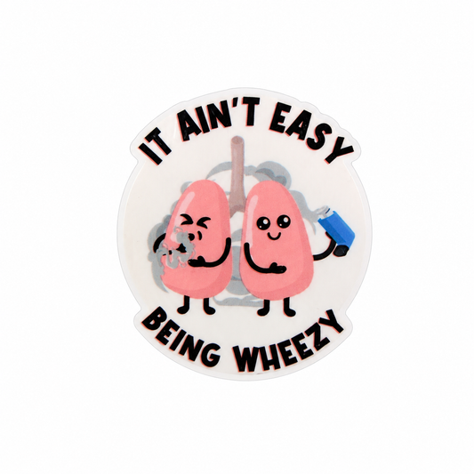 IT AIN'T EASY BEING WHEEZY plastic add-on with cute lungs and respiratory design, compatible with interchangeable badge reel bases.