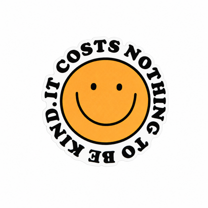 It Costs Nothing To Be Kind plastic add-on featuring a yellow smiley face design, compatible with interchangeable badge reel bases and perfect for spreading positivity