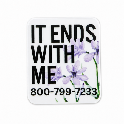 It Ends With Me 800-799-7233 plastic add-on featuring purple floral artwork for Domestic Violence Awareness, compatible with interchangeable badge reel bases, healthcare worker accessory and nurse badge accessory