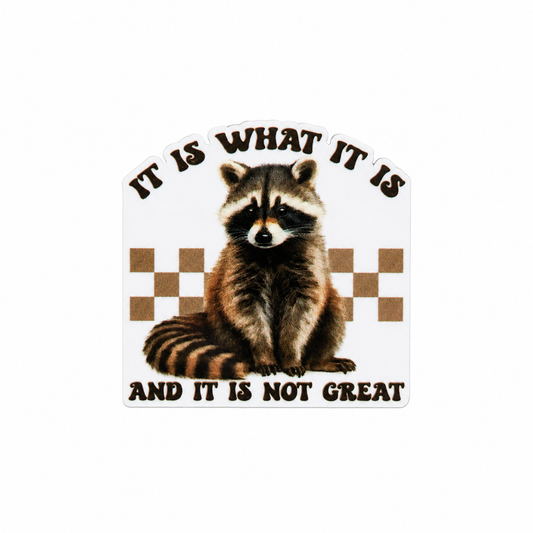 IT IS WHAT IT IS AND IT IS NOT GREAT plastic add-on featuring a raccoon with retro checkerboard accents, compatible with interchangeable badge reel bases, funny animal accessory