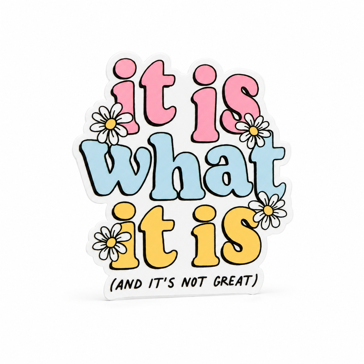It Is What It Is and It’s Not Great plastic add-on with colorful retro lettering and daisy flowers, compatible with interchangeable badge reel bases