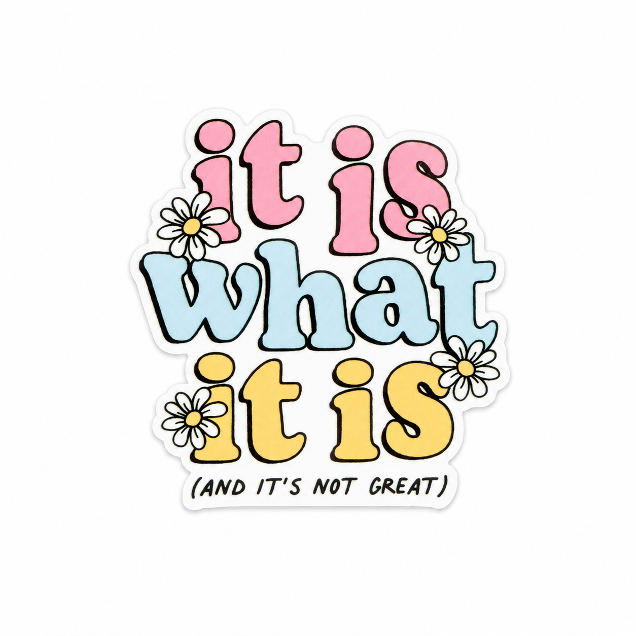 It Is What It Is and It’s Not Great plastic add-on with colorful retro lettering and daisy flowers, compatible with interchangeable badge reel bases