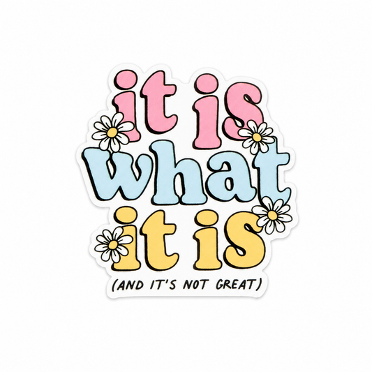 It Is What It Is and It’s Not Great plastic add-on with colorful retro lettering and daisy flowers, compatible with interchangeable badge reel bases