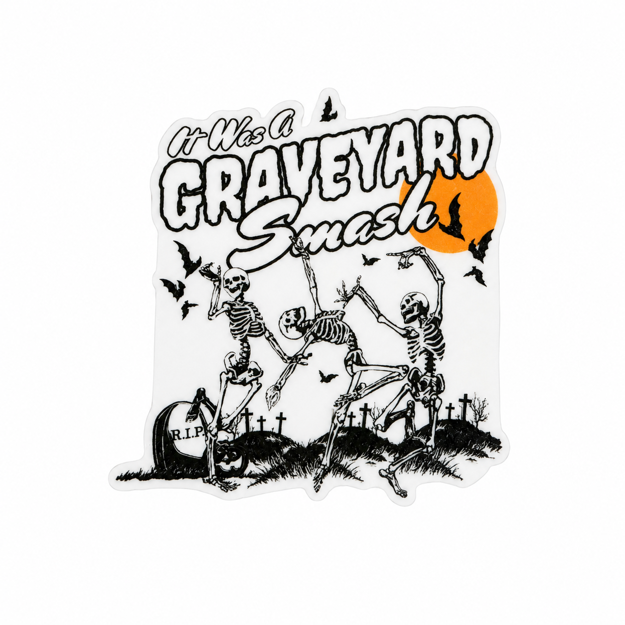 It Was A GRAVEYARD Smash plastic add-on featuring dancing skeletons, bats, tombstones, and a full moon, compatible with interchangeable badge reel bases and perfect for Halloween lovers.