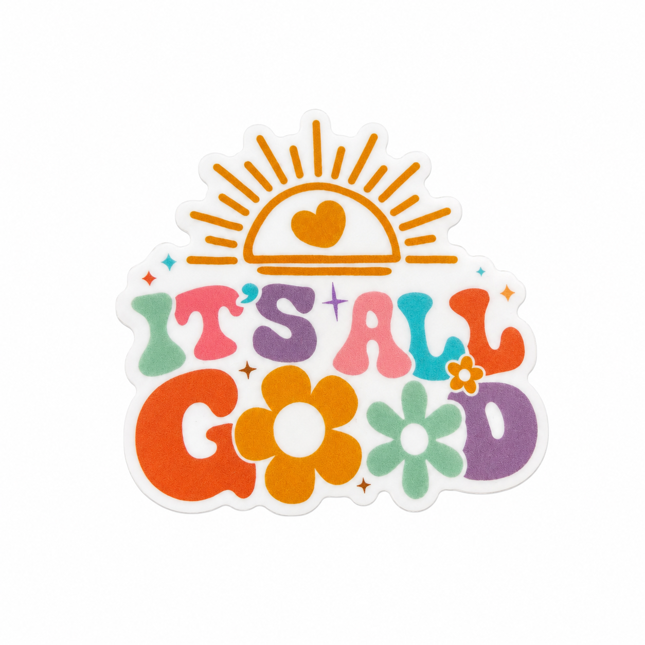 IT'S ALL GOOD plastic add-on with retro sunshine, colorful letters, and flowers, compatible with interchangeable badge reel bases.