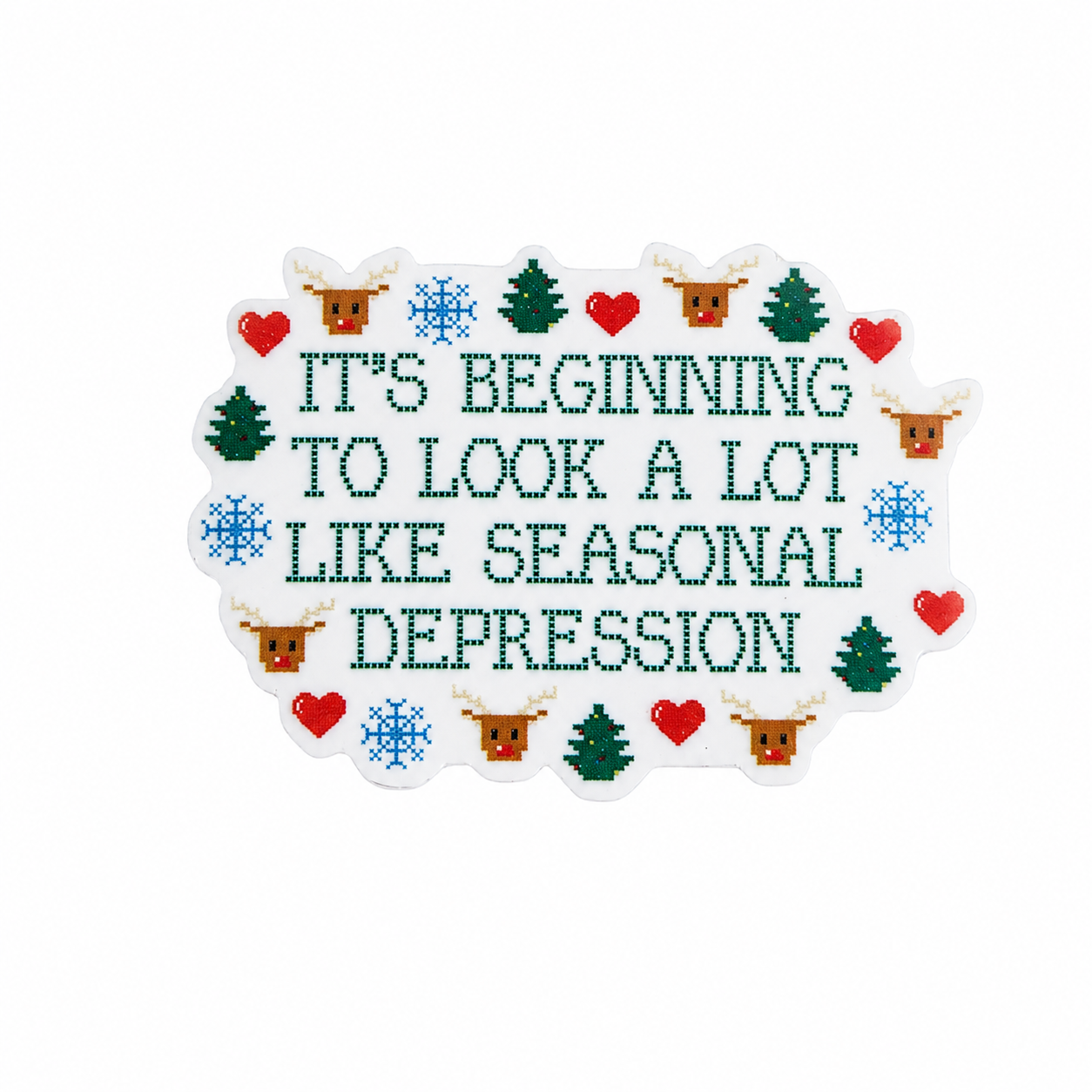 It's Beginning To Look A Lot Like Seasonal Depression plastic add-on featuring Christmas trees, snowflakes, hearts, and festive holiday icons, compatible with interchangeable badge reel bases.