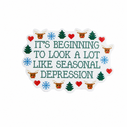 It's Beginning To Look A Lot Like Seasonal Depression plastic add-on featuring Christmas trees, snowflakes, hearts, and festive holiday icons, compatible with interchangeable badge reel bases.
