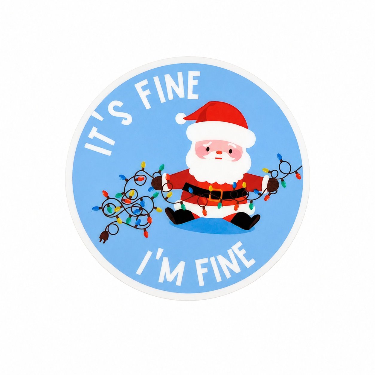 IT'S FINE I'M FINE plastic add-on featuring Santa tangled in Christmas lights, compatible with interchangeable badge reel bases.