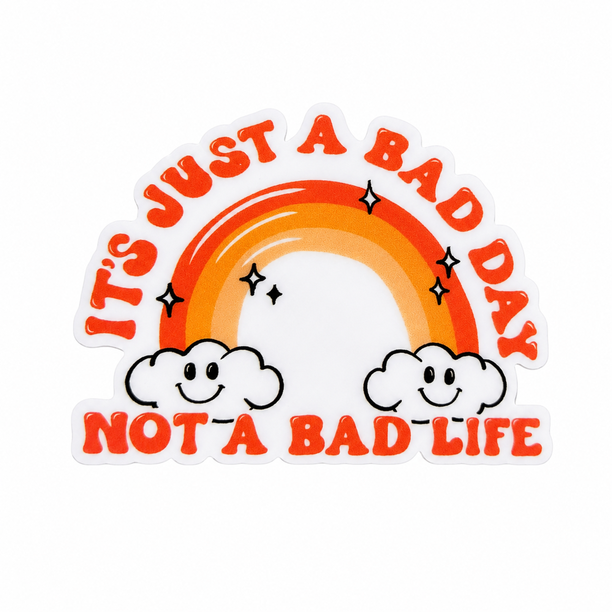 It's Just A Bad Day Not A Bad Life plastic add-on featuring a retro rainbow with smiling clouds, compatible with interchangeable badge reel bases.