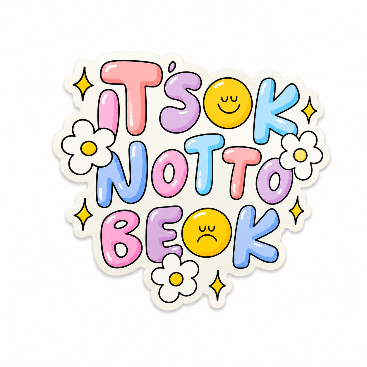It’s OK Not To Be OK plastic add-on with colorful lettering, smiley faces, flowers, and an inspirational mental health theme, compatible with interchangeable badge reel bases