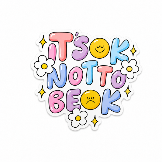 It’s OK Not To Be OK plastic add-on with colorful lettering, smiley faces, flowers, and an inspirational mental health theme, compatible with interchangeable badge reel bases