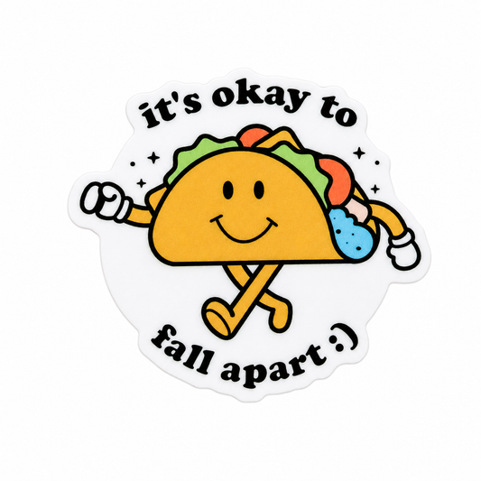 it’s okay to fall apart :) taco plastic add-on, funny food-themed design compatible with interchangeable badge reel bases.