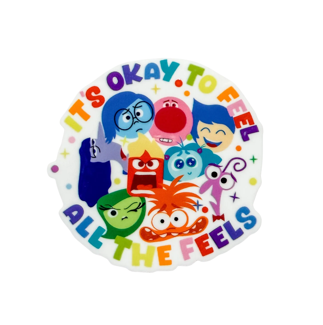 IT’S OKAY TO FEEL ALL THE FEELS mental health support accessory plastic add-on with colorful emotion characters, compatible with interchangeable badge reel bases.
