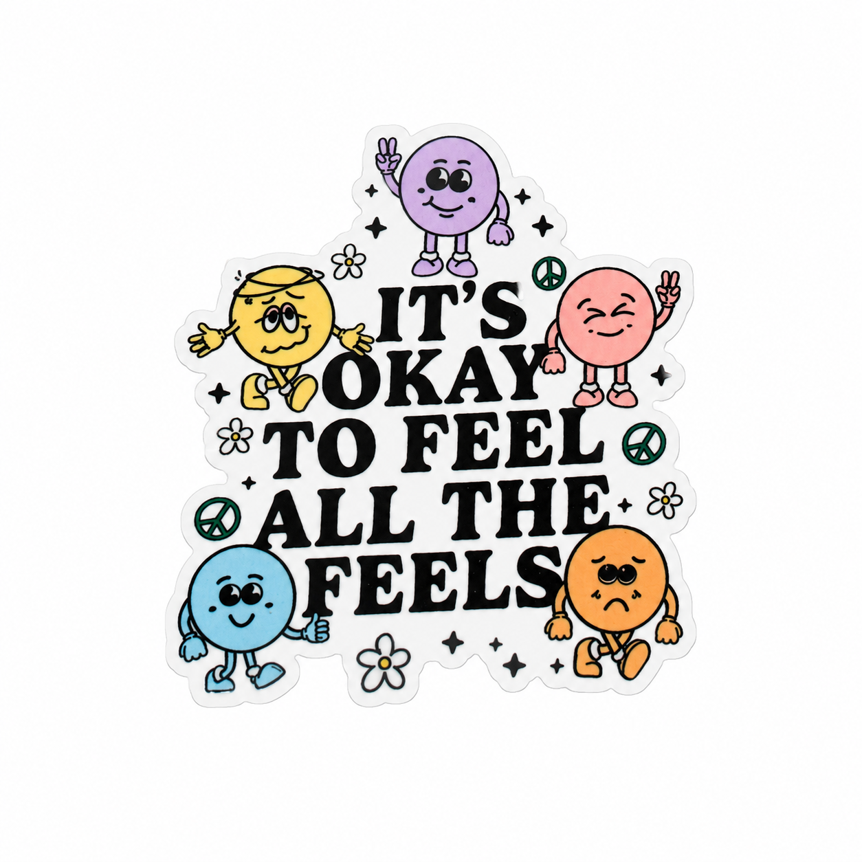 IT'S OKAY TO FEEL ALL THE FEELS plastic add-on featuring colorful emotion characters, compatible with interchangeable badge reel bases and mental health support accessories