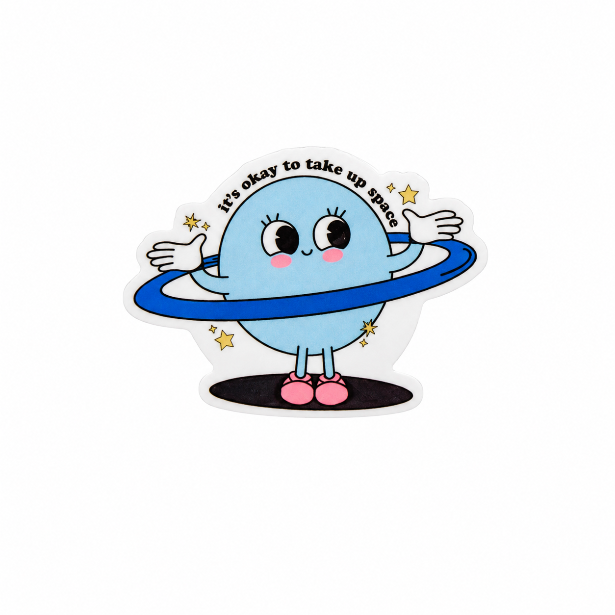 it’s okay to take up space plastic add-on with cute blue planet design, compatible with interchangeable badge reel bases.