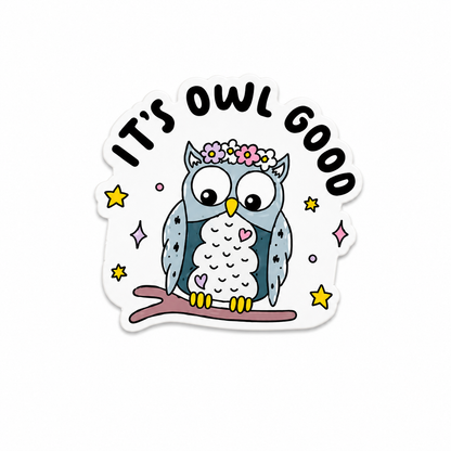 It’s Owl Good plastic add-on with a cute blue owl, flower crown, stars, and positive animal theme, compatible with interchangeable badge reel bases